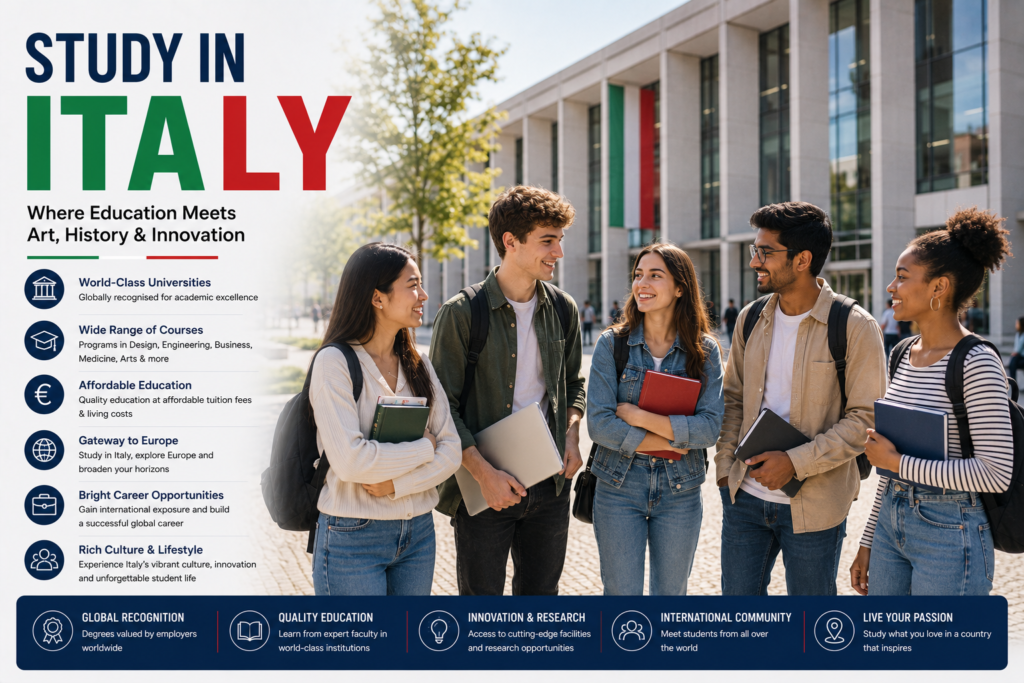 International students on a modern Italian university campus with contemporary academic architecture, highlighting globally recognised universities, English-taught programmes, affordable education, innovation, research excellence and outstanding career opportunities in Italy.