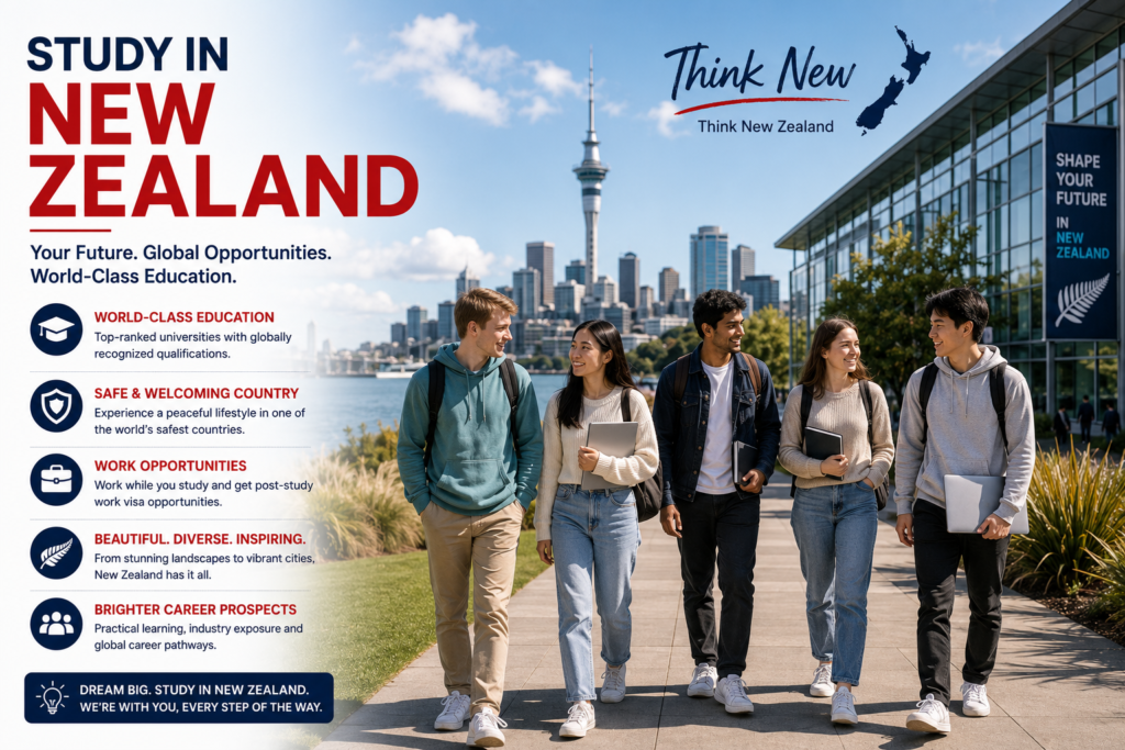 International students walking across a modern New Zealand university campus with the Auckland skyline, showcasing world-class education, safe student life, global career opportunities and study abroad experiences in New Zealand.