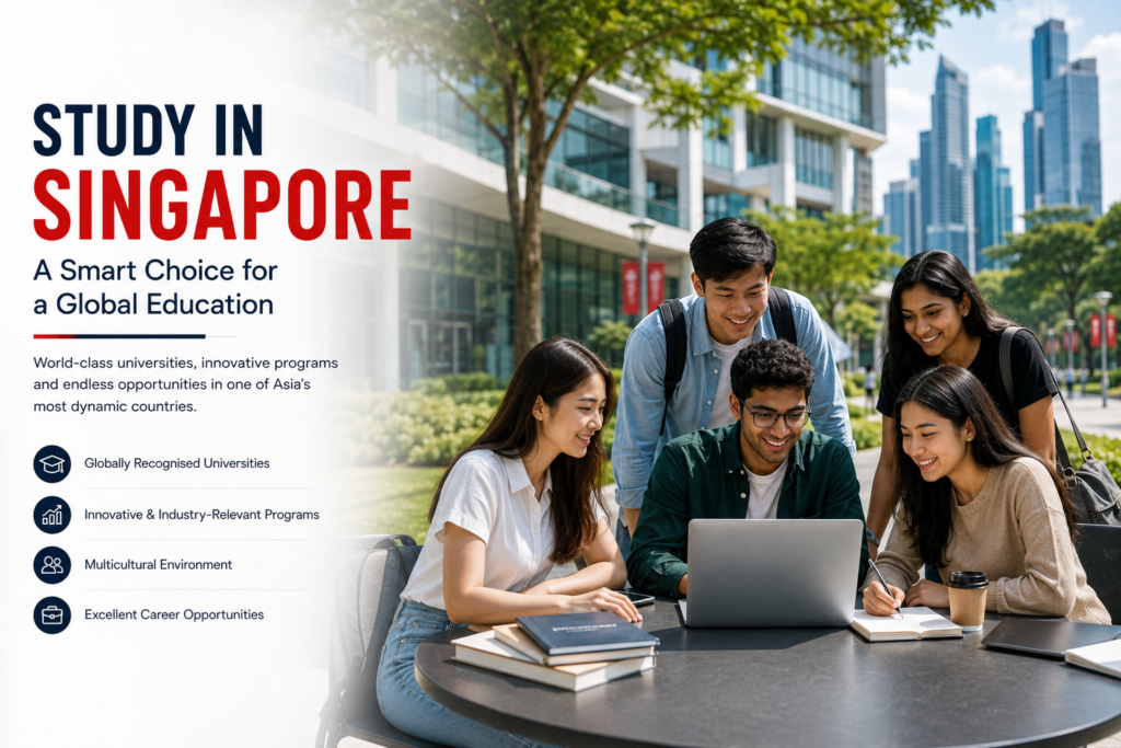 International students on a modern Singapore university campus with contemporary architecture and a subtle Singapore skyline in the background, highlighting globally recognised universities, English-taught programmes, innovation, research excellence, multicultural learning and outstanding career opportunities in Singapore.