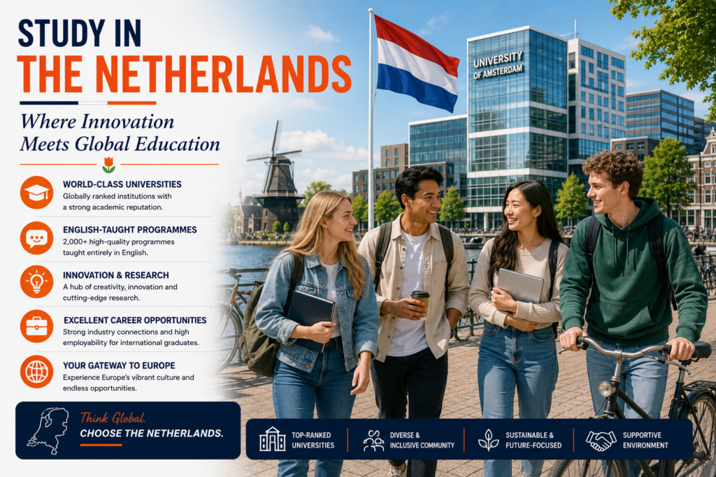 International students walking across a modern Dutch university campus with contemporary architecture, canals and bicycles in the background, highlighting world-class universities, English-taught programmes, innovation, research excellence and outstanding career opportunities in the Netherlands.