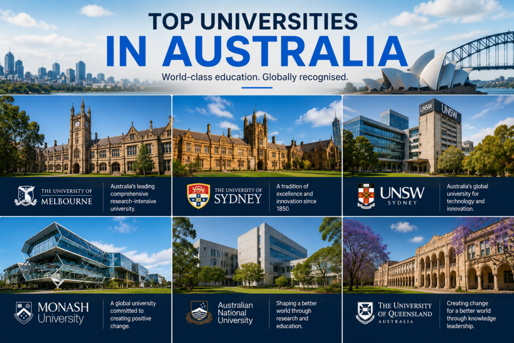 Collage of leading Australian university campuses including the University of Melbourne, University of Sydney, UNSW Sydney, Monash University, Australian National University and the University of Queensland.