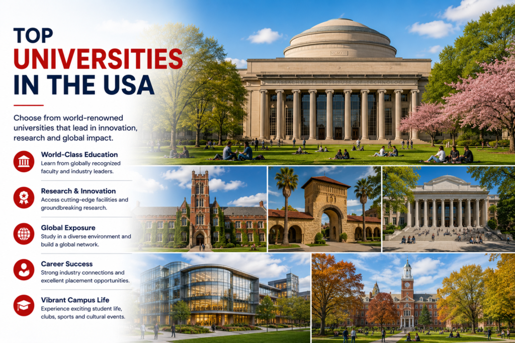Collage of prestigious American university campuses showcasing world-class education, research excellence, innovation and diverse learning environments in the USA.