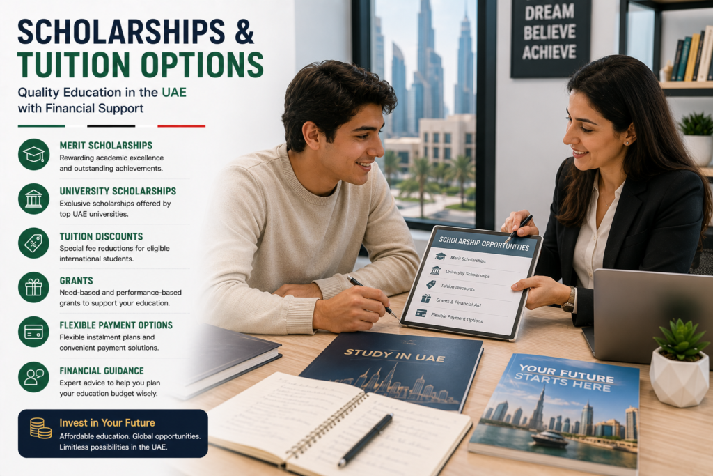 International student receiving professional guidance on scholarships and tuition support for studying in the United Arab Emirates, highlighting merit scholarships, university scholarships, tuition discounts, grants, flexible payment options and financial planning for international students.