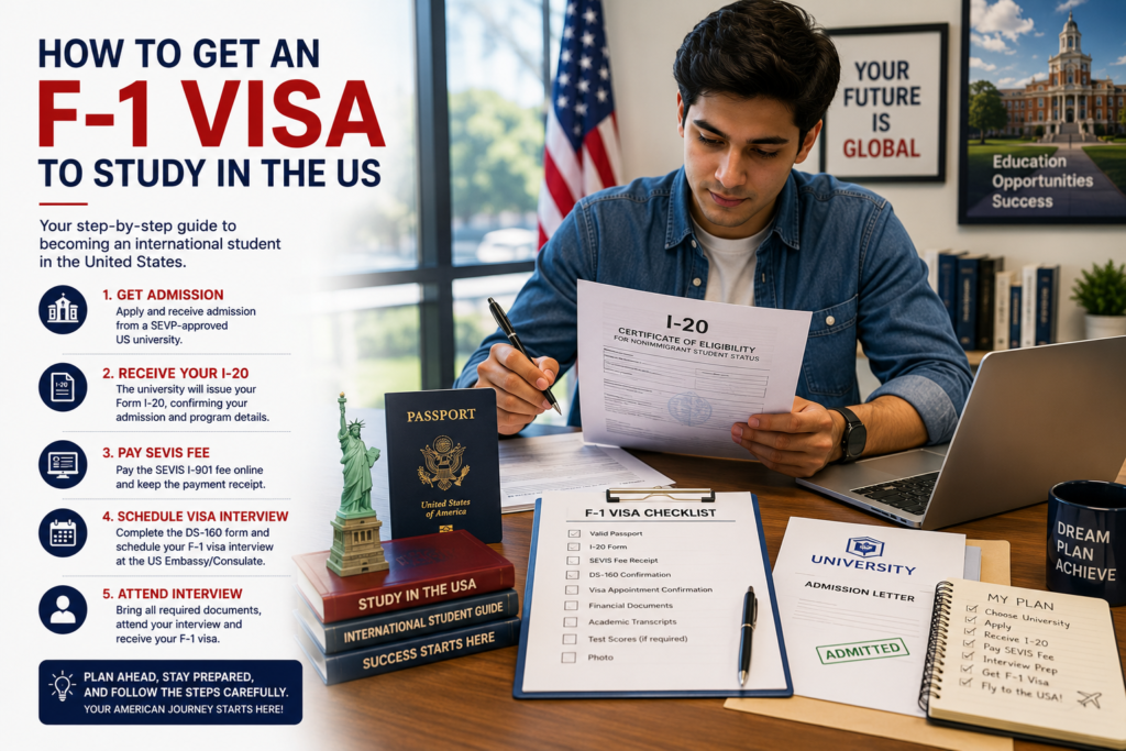 International student preparing for a USA F-1 student visa with passport, Form I-20, university admission letter, laptop and visa documents in a professional office setting.