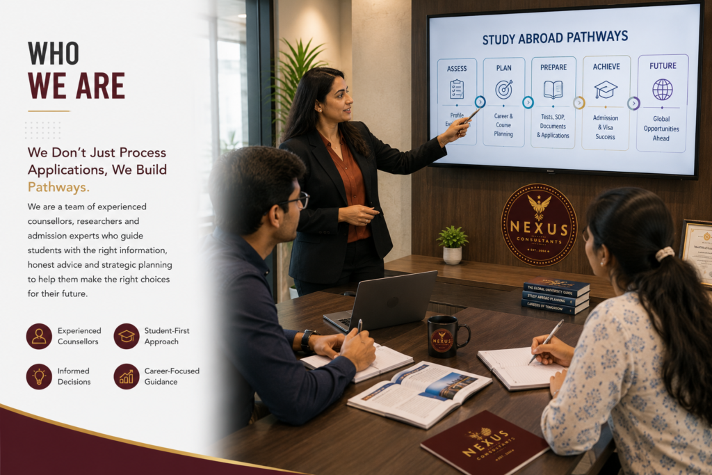 Experienced Nexus Consultants counsellor explaining study abroad pathways and career planning to students during an interactive advisory session in a professional office