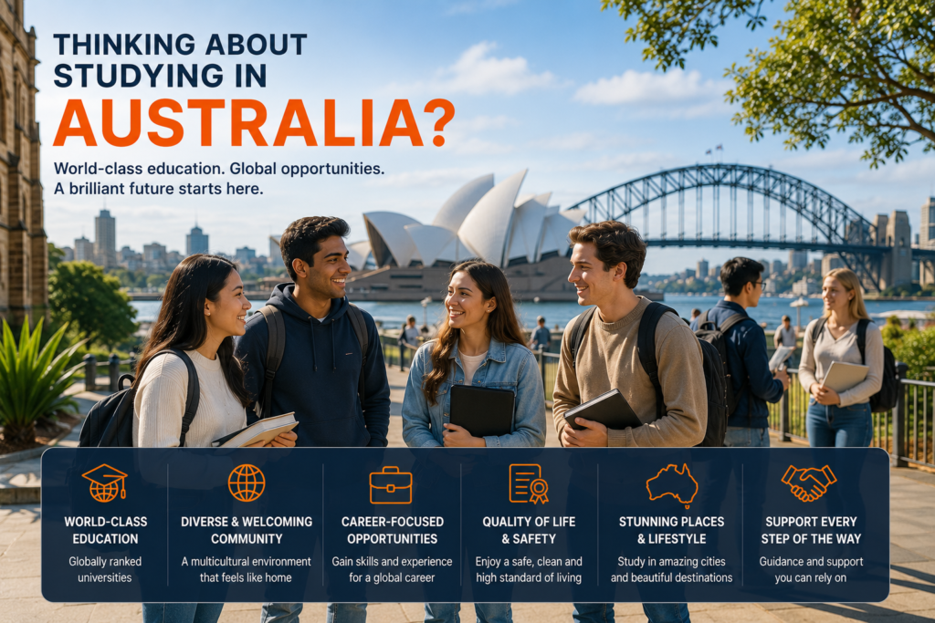 International students studying on an Australian university campus with the Sydney Opera House and Sydney Harbour Bridge in the background.