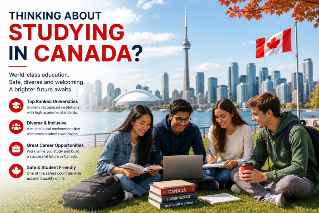 International students studying on a Canadian university campus with the Toronto skyline and CN Tower in the background.