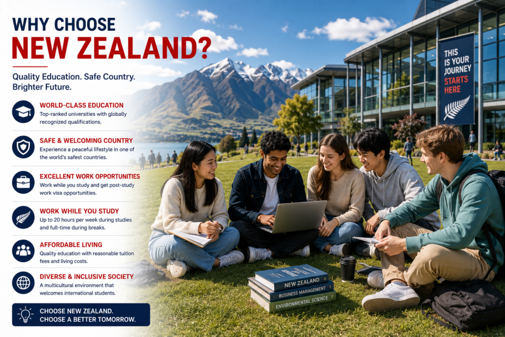 International students studying together on a modern New Zealand university campus surrounded by scenic mountains, highlighting world-class education, affordable study, work opportunities, student safety and an inclusive learning environment in New Zealand.
