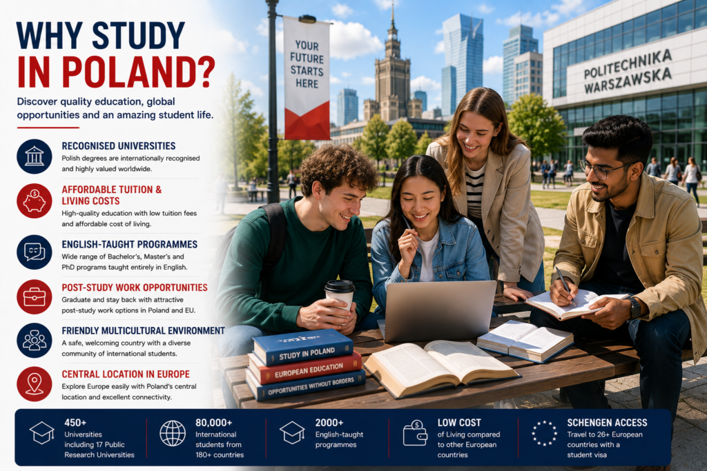 International students collaborating on a modern Polish university campus, highlighting globally recognised universities, affordable tuition and living costs, English-taught programmes, post-study work opportunities, a welcoming multicultural environment and Poland's central location in Europe.