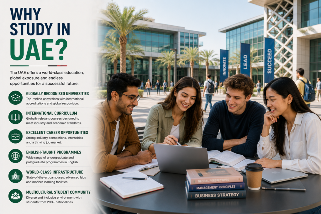 International students collaborating on a modern UAE university campus with contemporary learning spaces, highlighting globally recognised universities, international curriculum, English-taught programmes, world-class infrastructure, multicultural student life and excellent career opportunities in the United Arab Emirates.