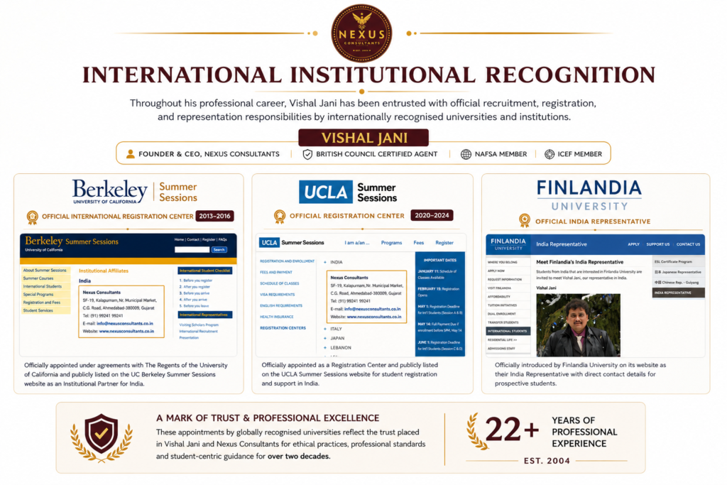 International institutional recognition of Vishal Jani, Founder & CEO of Nexus Consultants, with UCLA, UC Berkeley and Finlandia University
