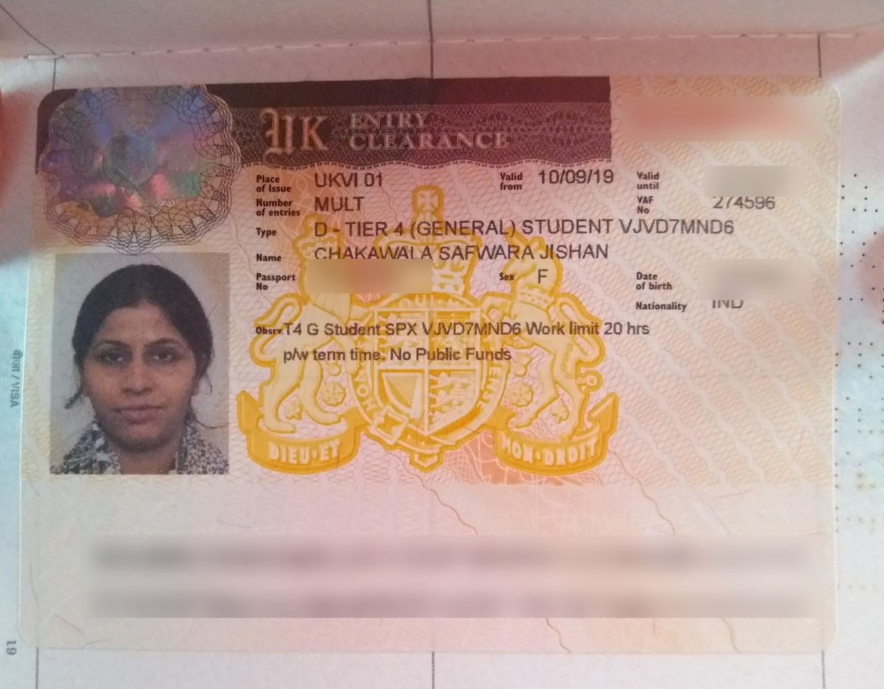 Safwara Chakawala UK Tier 4 student visa granted in 2019