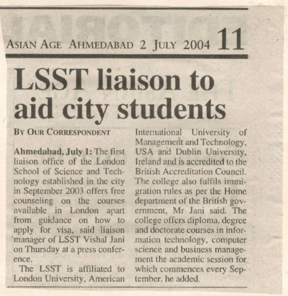 Asian Age newspaper coverage featuring Vishal Jani as LSST Liaison Manager in India, 2 July 2004