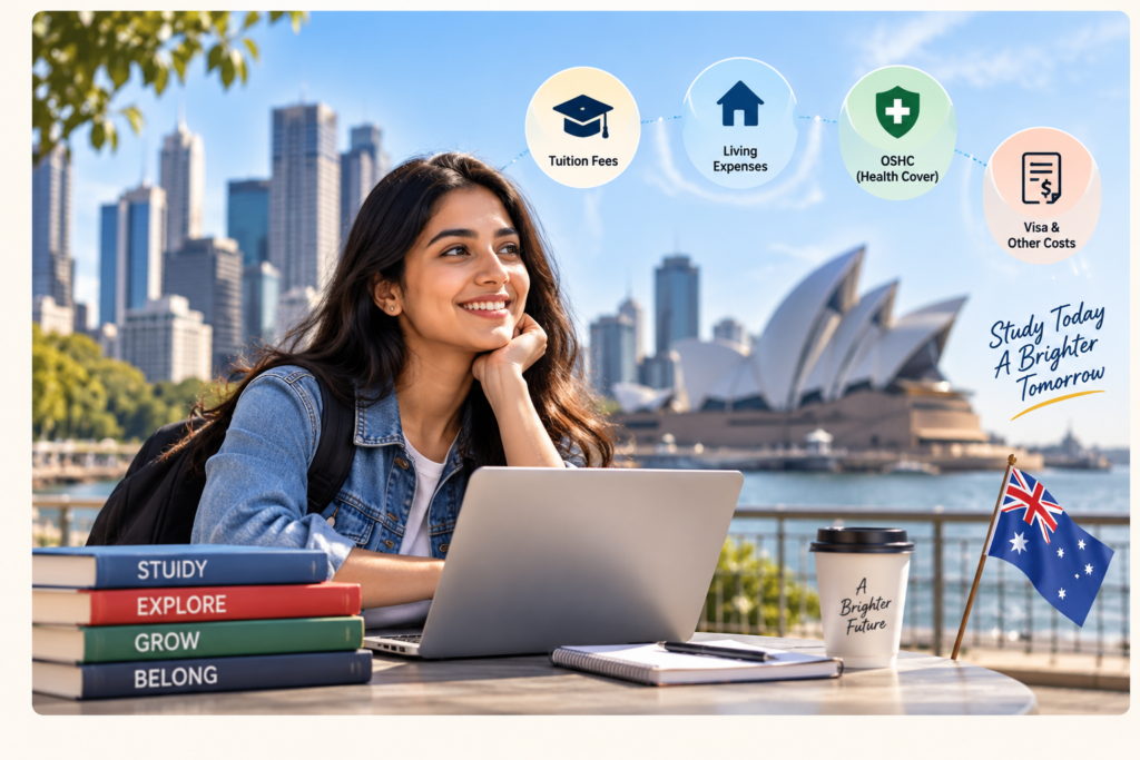 Cost of studying in Australia including tuition fees, living expenses, OSHC and visa costs