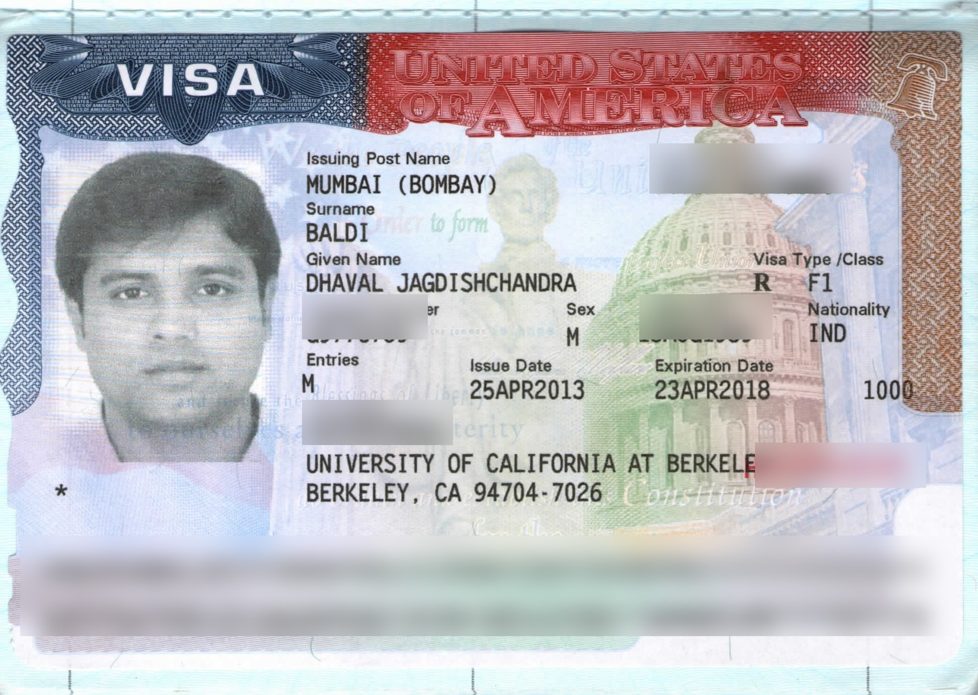 Dhaval Baldi US F-1 student visa for University of California Berkeley through Nexus Consultants