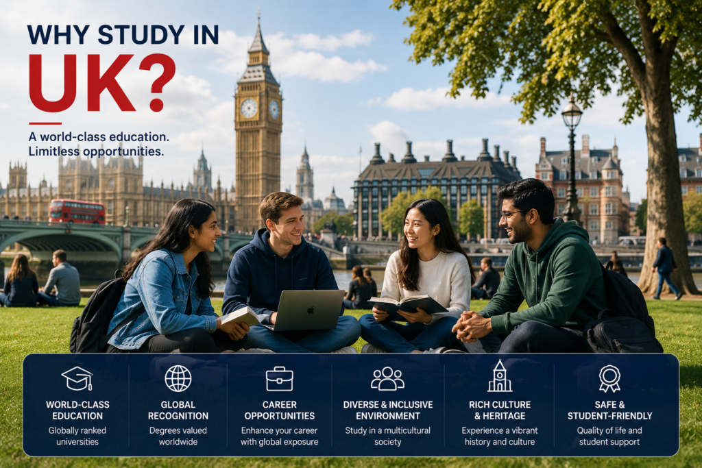 International students studying on a historic UK university campus with Big Ben and the London skyline in the background.